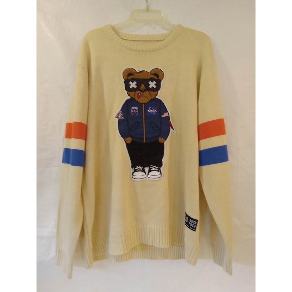 Black Pike Nasa Bear Sweater Mens XL Beige Knit Long Sleeve Blokecore Stripe A29